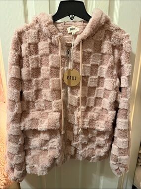 BiBi Checker Plush Hooded Jacket in Blush Pink